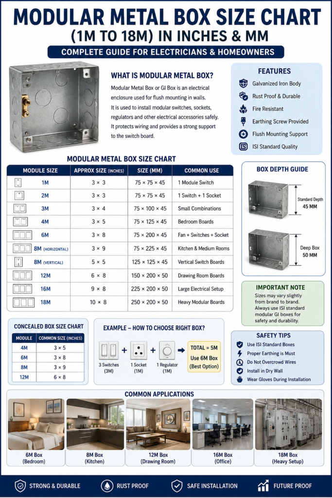 Modular Metal Box Size Chart PDF (1M to 18M) in Inches & MM